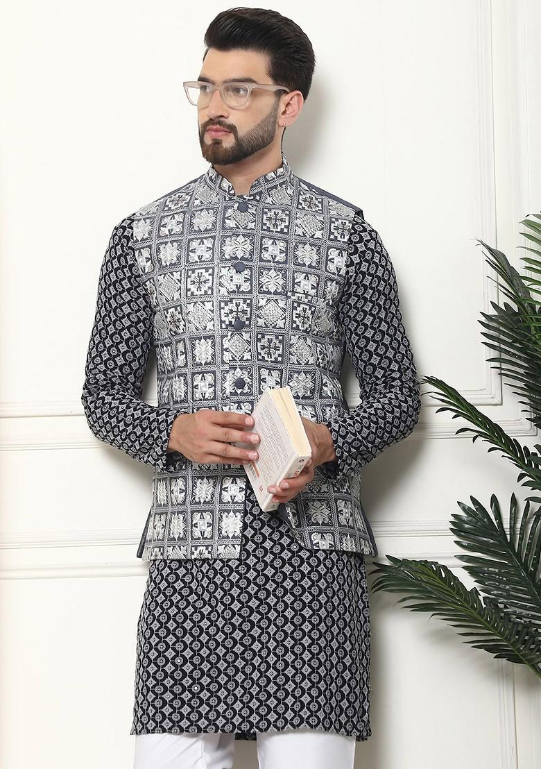 Grey Thread Work Cotton Kurta Set For Men