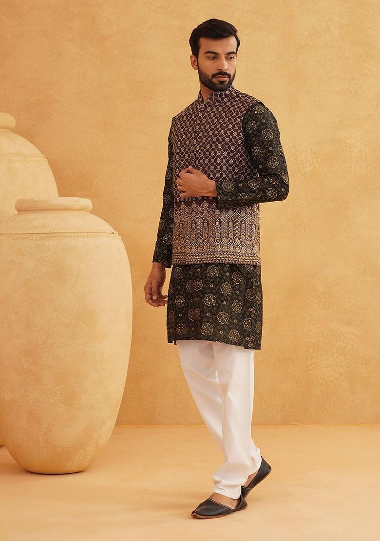 Black Printed Poly Blend Kurta Set For Men