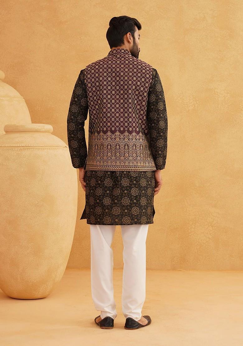 Black Printed Poly Blend Kurta Set For Men