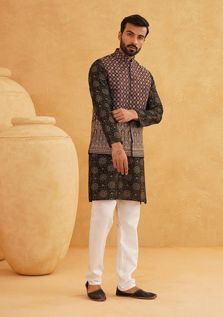 Black Printed Poly Blend Kurta Set For Men