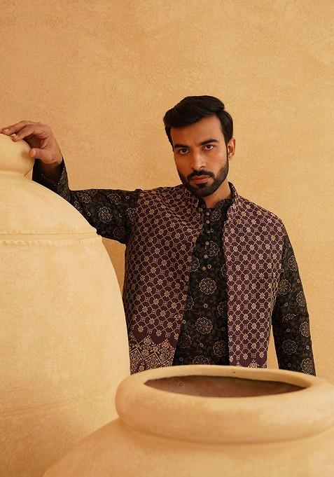 Black Printed Poly Blend Kurta Set For Men