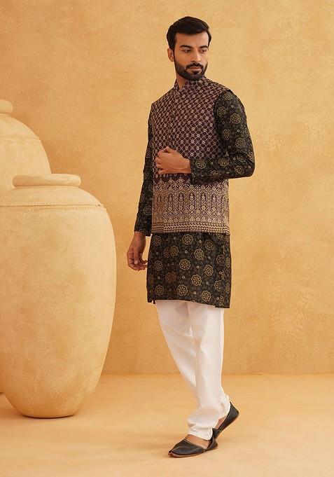 Black Printed Poly Blend Kurta Set For Men