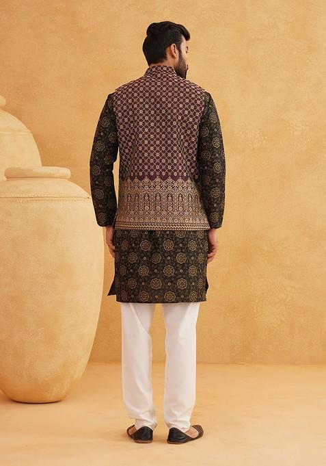 Black Printed Poly Blend Kurta Set For Men