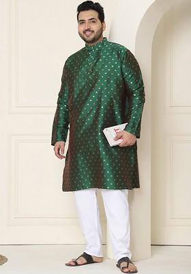 Green Printed Poly Blend Kurta Set For Men
