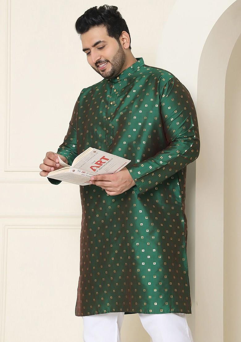 Green Printed Poly Blend Kurta Set For Men