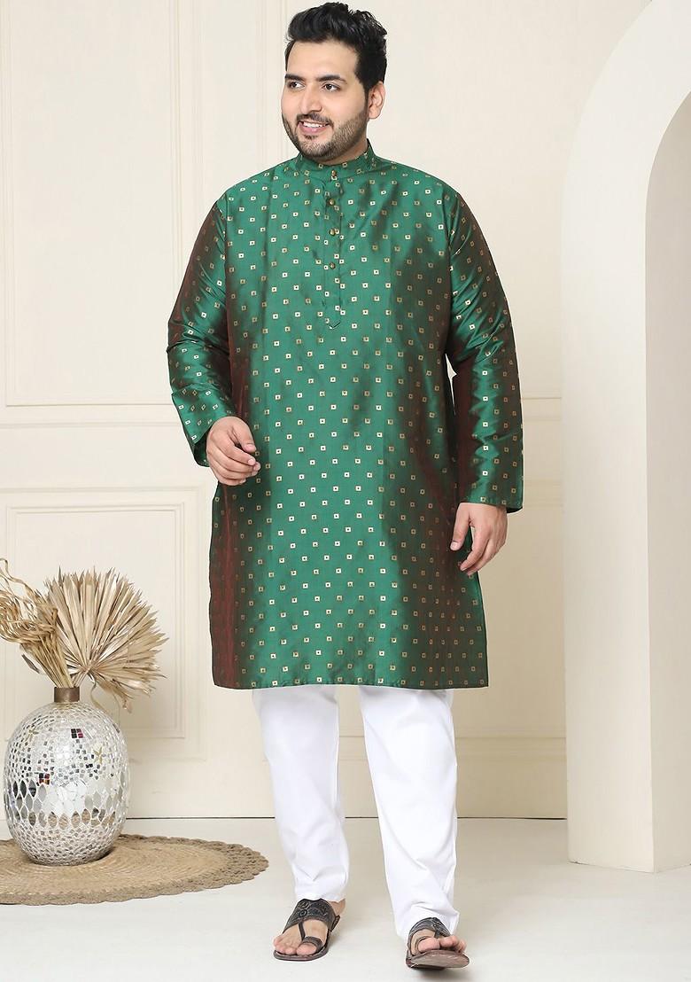 Green Printed Poly Blend Kurta Set For Men