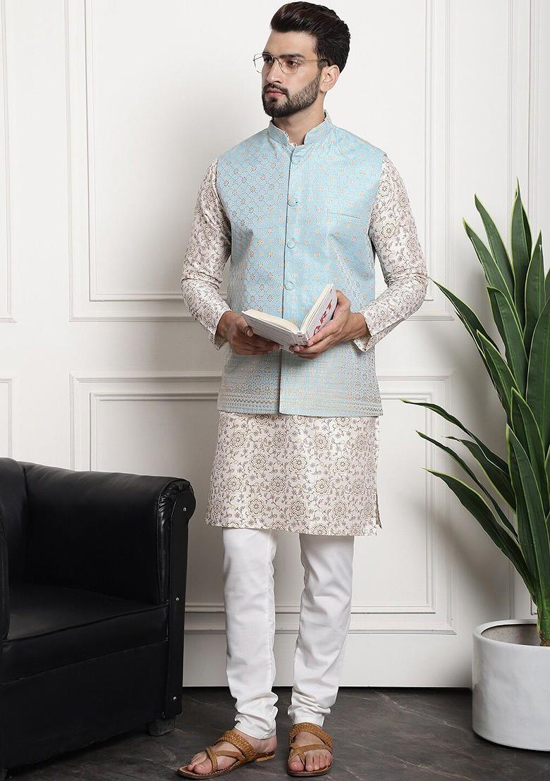 Cream Woven Cotton Kurta Set For Men