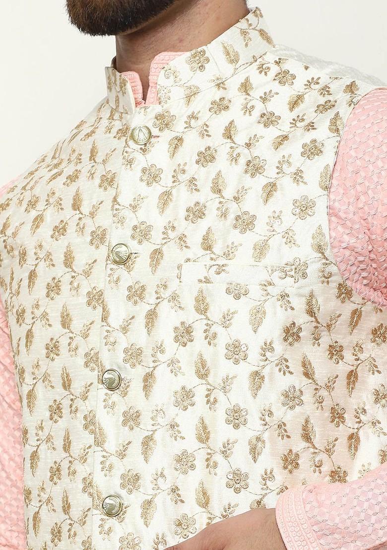 Peach Checked Cotton Kurta Set For Men