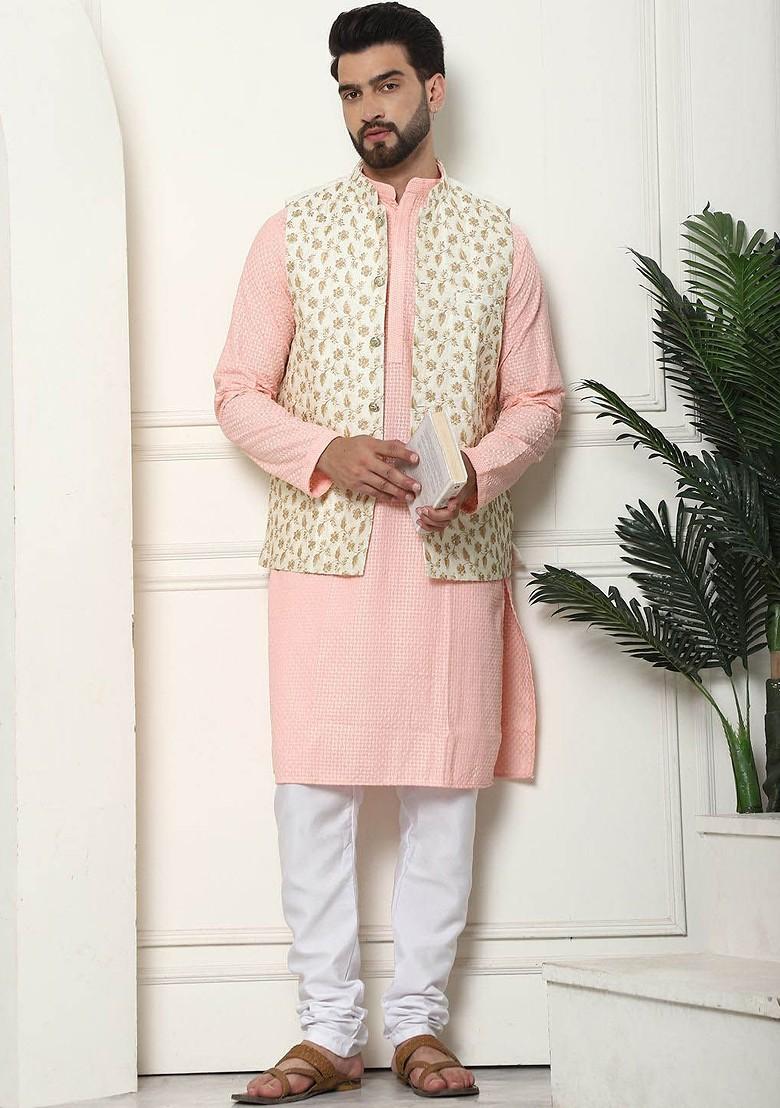 Peach Checked Cotton Kurta Set For Men