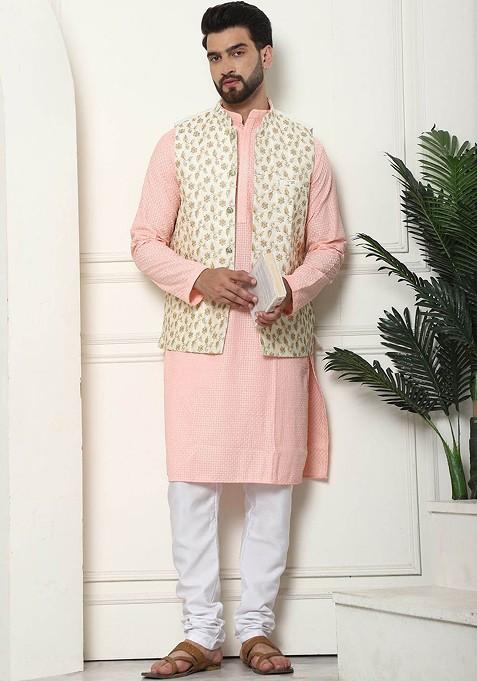 Peach Checked Cotton Kurta Set For Men