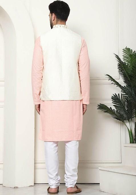 Peach Checked Cotton Kurta Set For Men