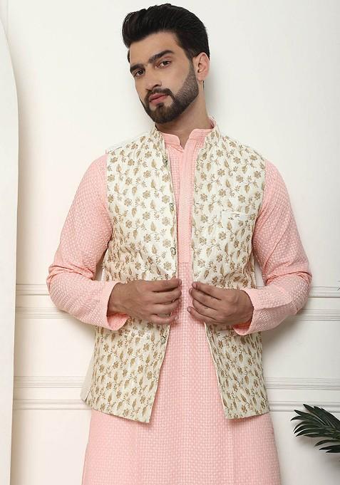 Peach Checked Cotton Kurta Set For Men