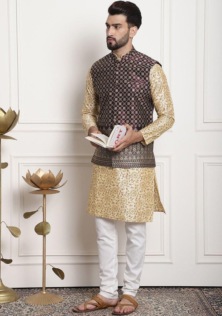 Beige Printed Poly Blend Kurta Set For Men