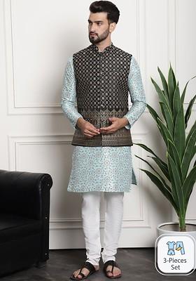 Sea Green Woven Cotton Kurta Set For Men