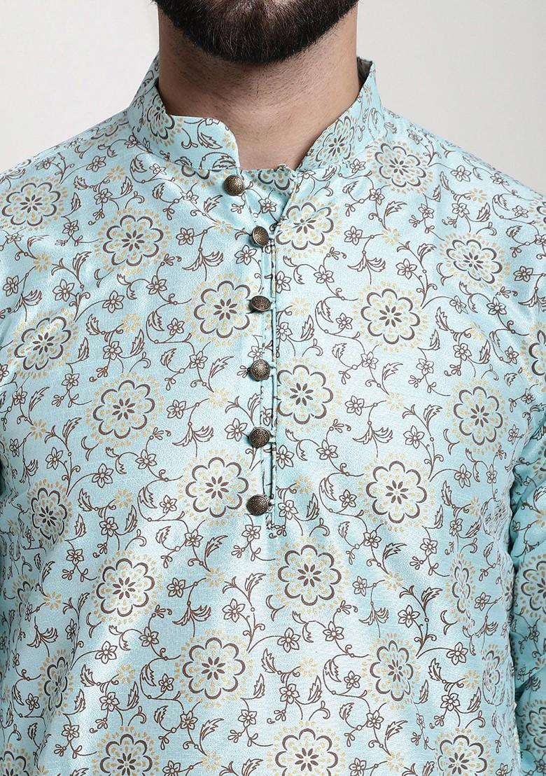 Sea Green Woven Cotton Kurta Set For Men