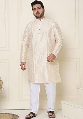Cream Thread Work Cotton Kurta Set For Men
