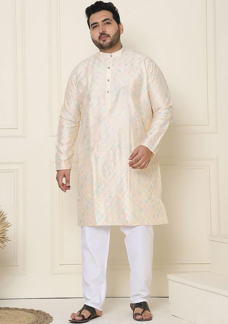 Cream Thread Work Cotton Kurta Set For Men