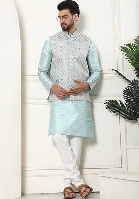 Turquoise Blue Printed Poly Blend Kurta Set For Men