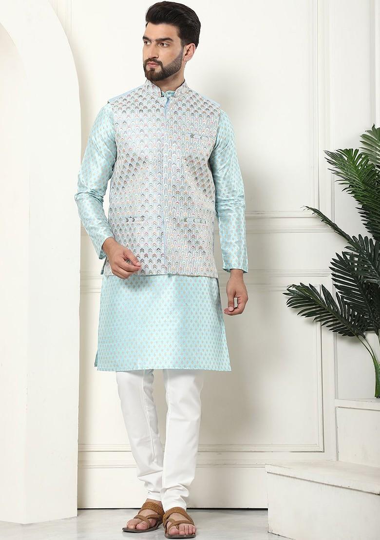Turquoise Blue Printed Poly Blend Kurta Set For Men