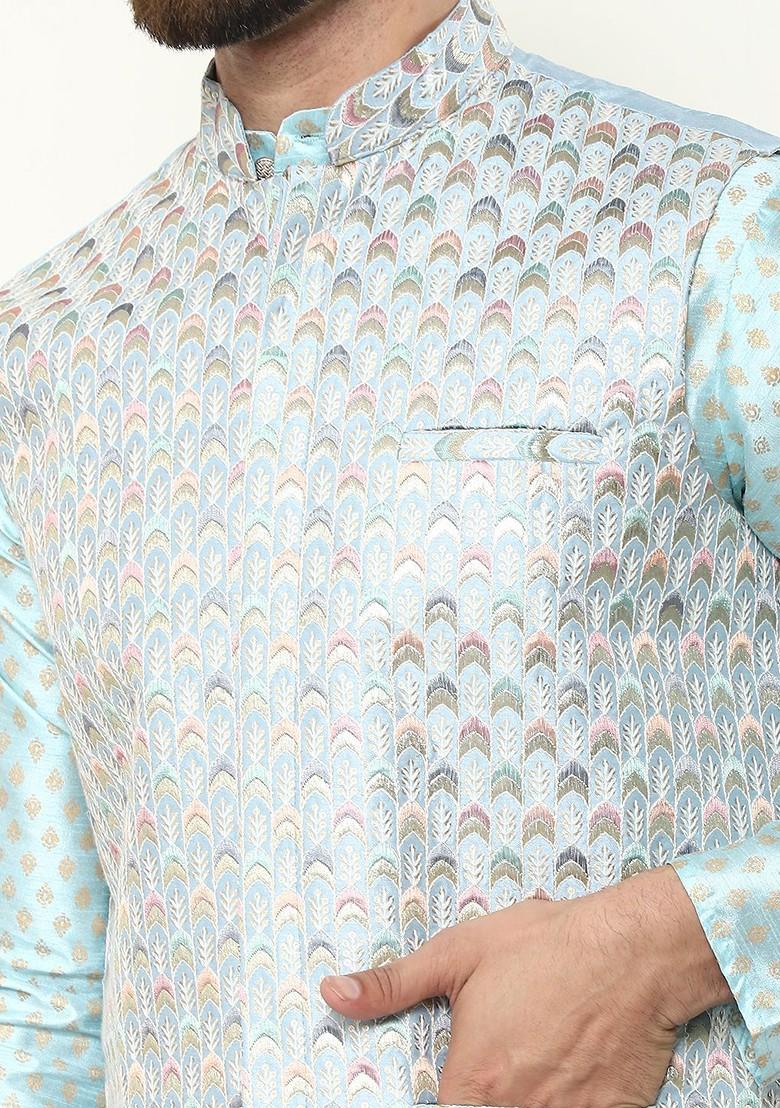Turquoise Blue Printed Poly Blend Kurta Set For Men