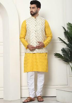 Mustard Ethnic Motifs Cotton Kurta Set For Men