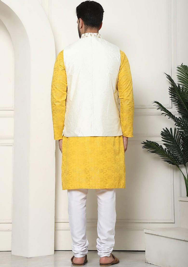 Mustard Ethnic Motifs Cotton Kurta Set For Men