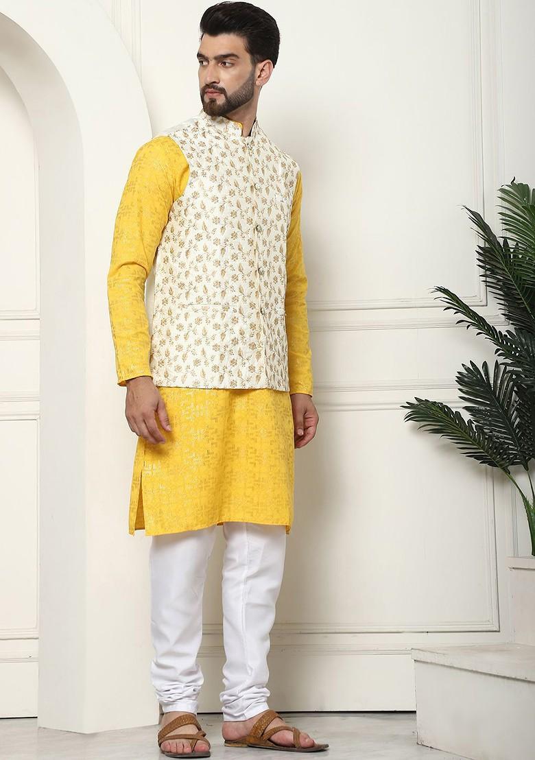 Mustard Ethnic Motifs Cotton Kurta Set For Men