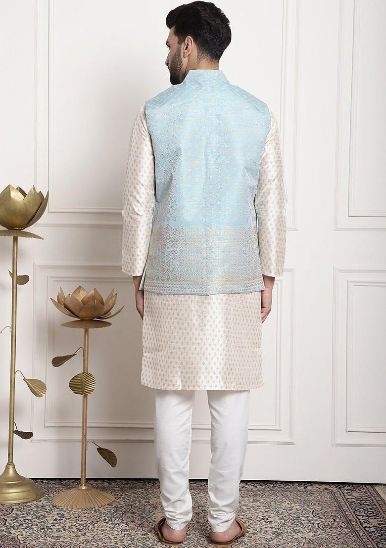 Cream Ethnic Motifs Cotton Kurta Set For Men