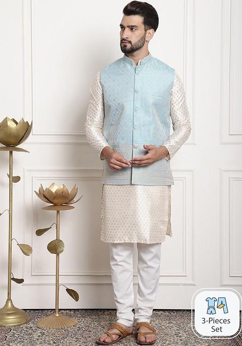 Cream Ethnic Motifs Cotton Kurta Set For Men