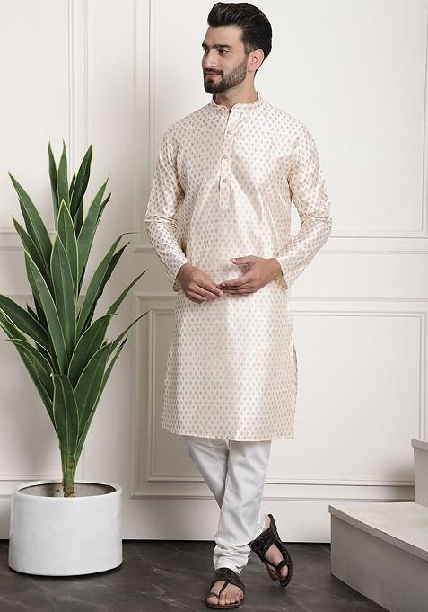 Cream Ethnic Motifs Cotton Kurta Set For Men