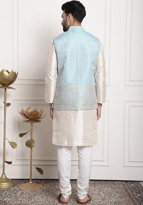 Cream Ethnic Motifs Cotton Kurta Set For Men