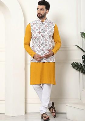 Mustard Solid Cotton Kurta Set For Men