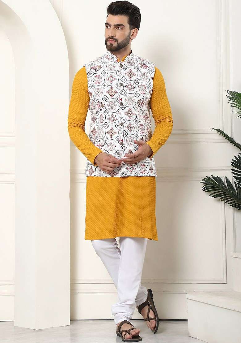Mustard Solid Cotton Kurta Set For Men - Indya