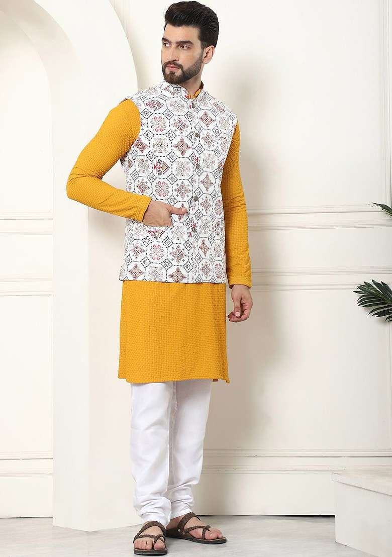 Mustard Solid Cotton Kurta Set For Men - Indya