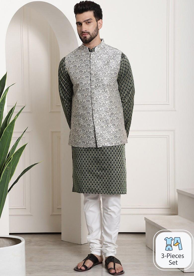Green Ethnic Motifs Jacquard Kurta Set For Men