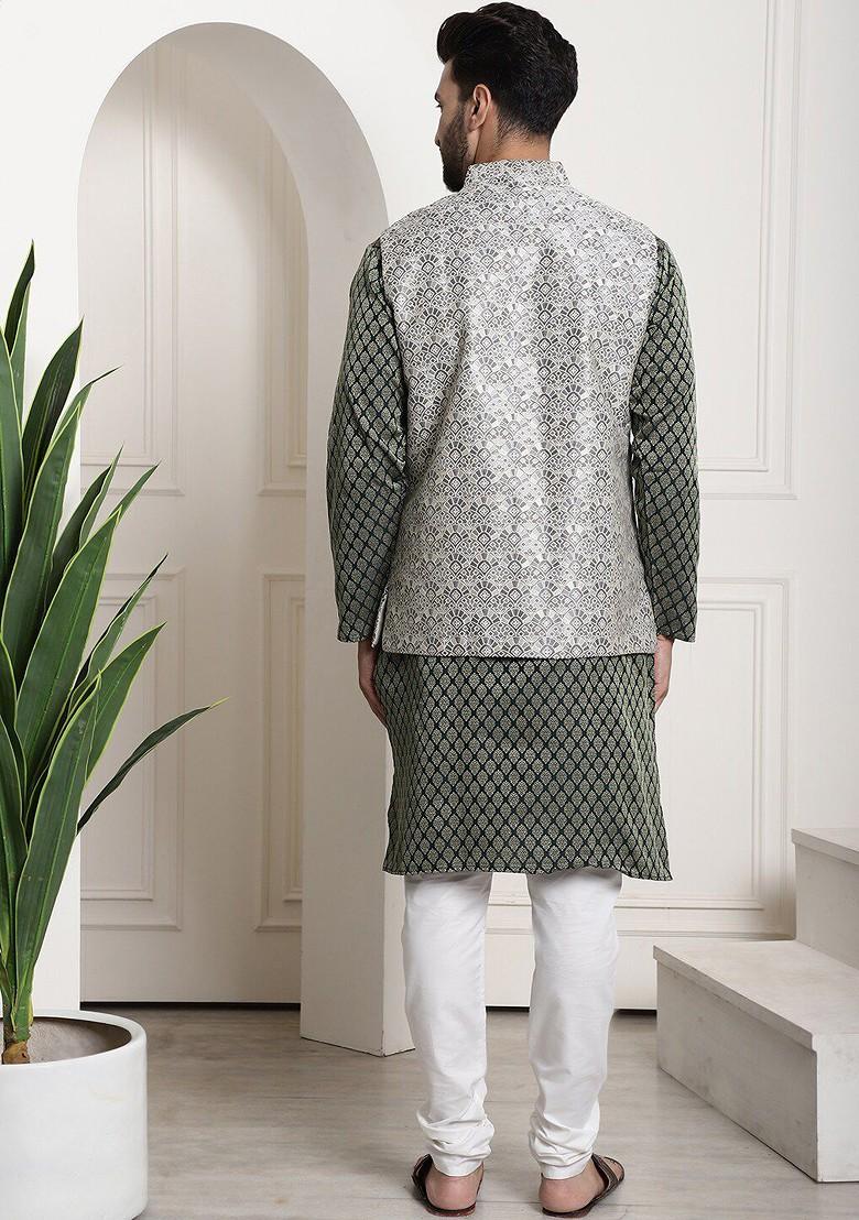 Green Ethnic Motifs Jacquard Kurta Set For Men