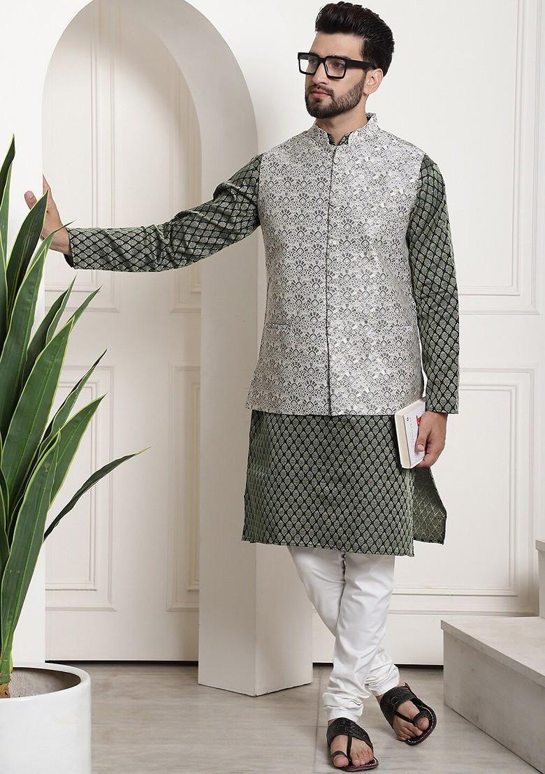 Green Ethnic Motifs Jacquard Kurta Set For Men