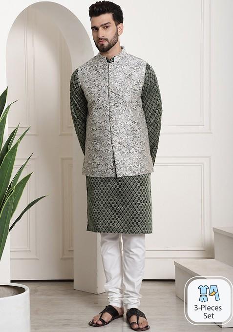 Green Ethnic Motifs Jacquard Kurta Set For Men