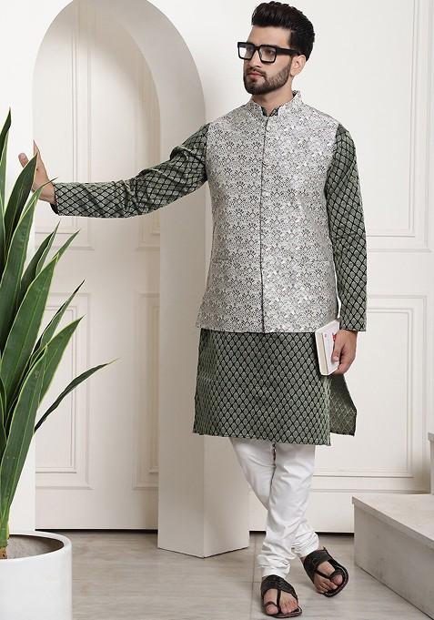 Green Ethnic Motifs Jacquard Kurta Set For Men