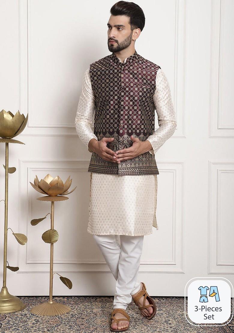 Cream Printed Poly Blend Kurta Set For Men