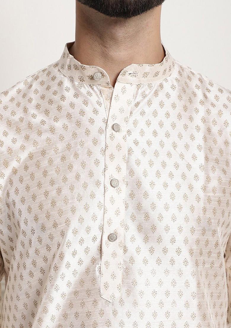Cream Printed Poly Blend Kurta Set For Men