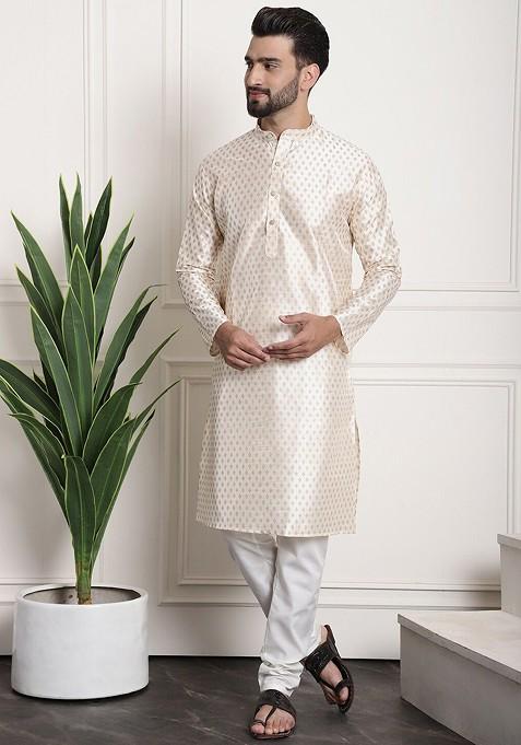 Cream Printed Poly Blend Kurta Set For Men
