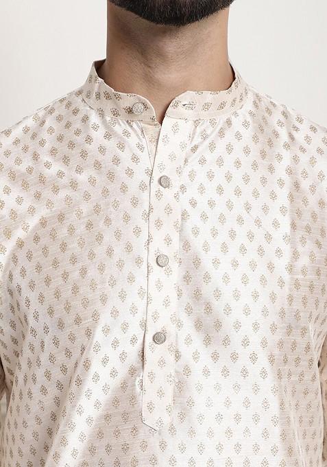 Cream Printed Poly Blend Kurta Set For Men
