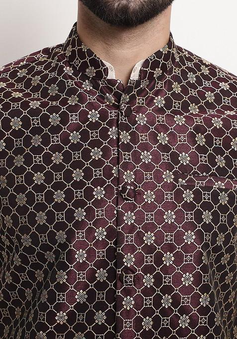 Cream Printed Poly Blend Kurta Set For Men