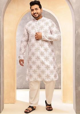 White Ethnic Motifs Poly Blend Kurta Set For Men
