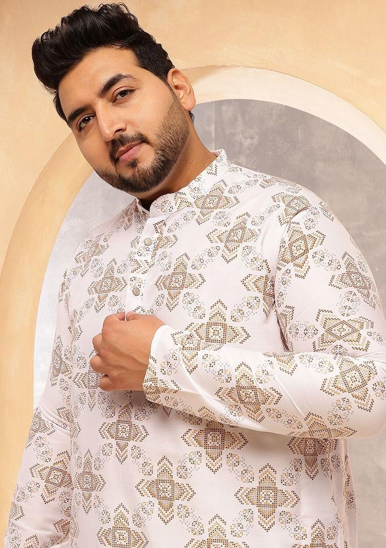 White Ethnic Motifs Poly Blend Kurta Set For Men