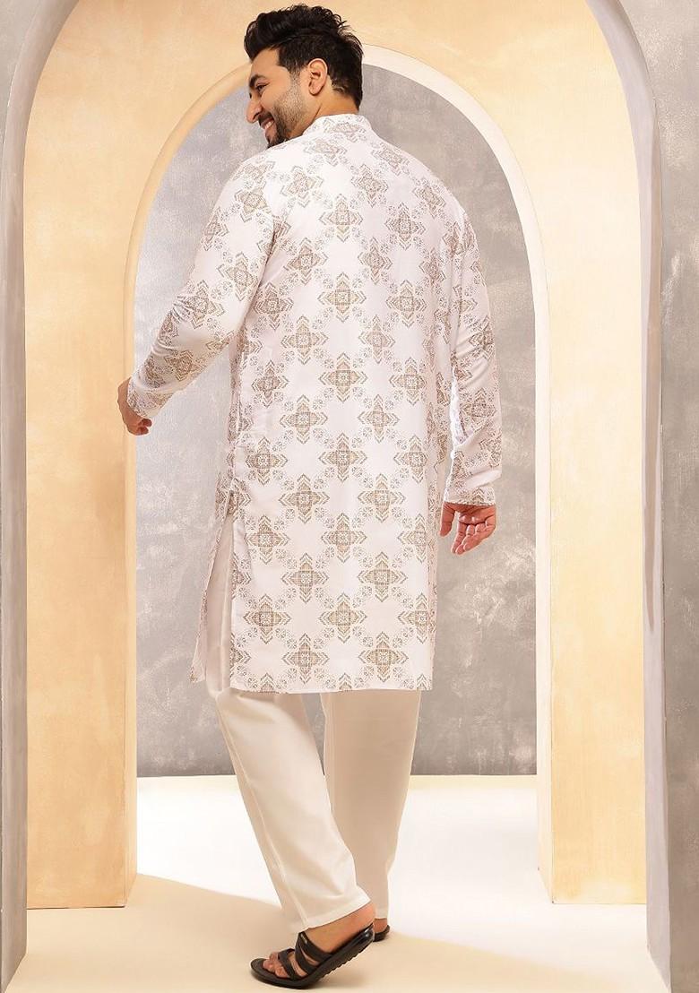 White Ethnic Motifs Poly Blend Kurta Set For Men