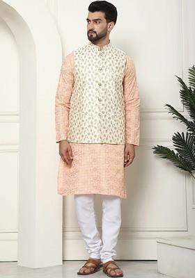 Peach Ethnic Motifs Cotton Kurta Set For Men