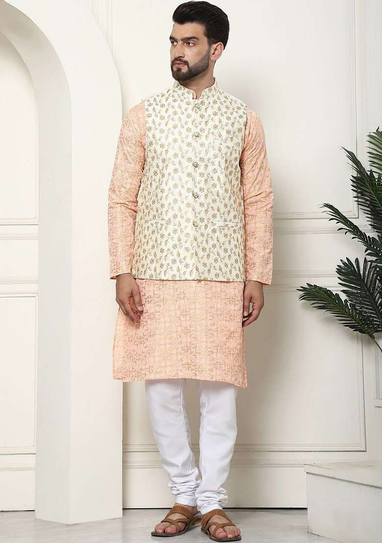 Peach Ethnic Motifs Cotton Kurta Set For Men - Indya