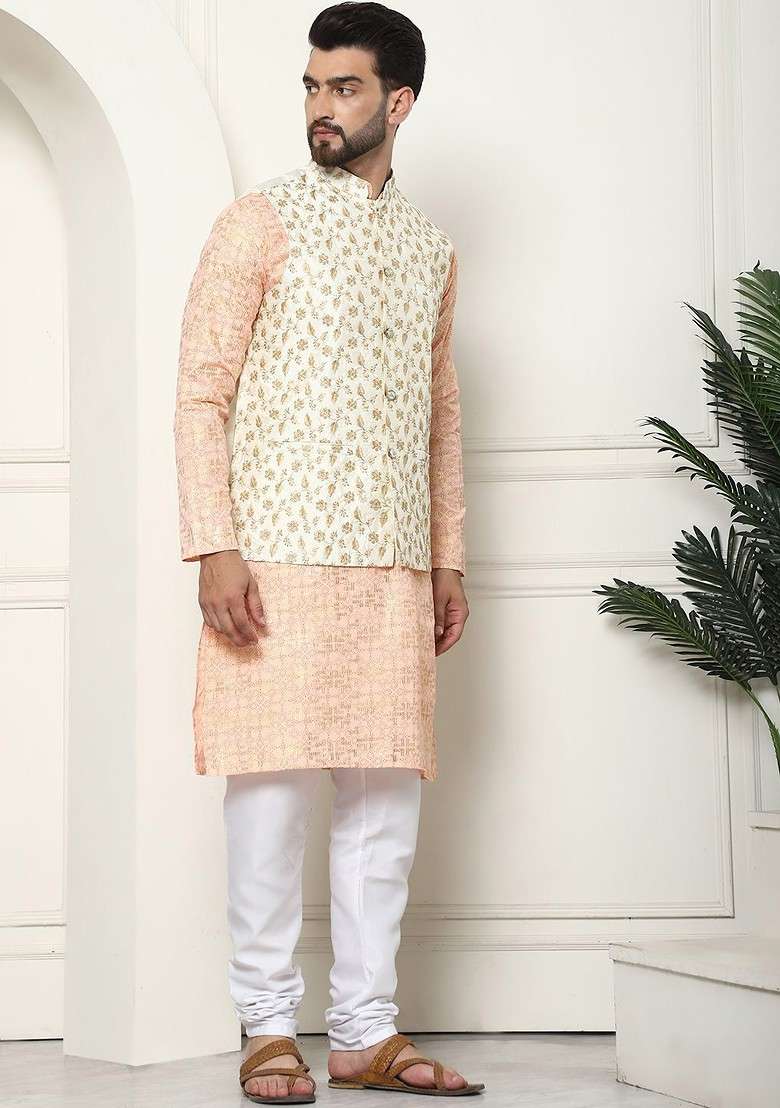 Peach Ethnic Motifs Cotton Kurta Set For Men - Indya